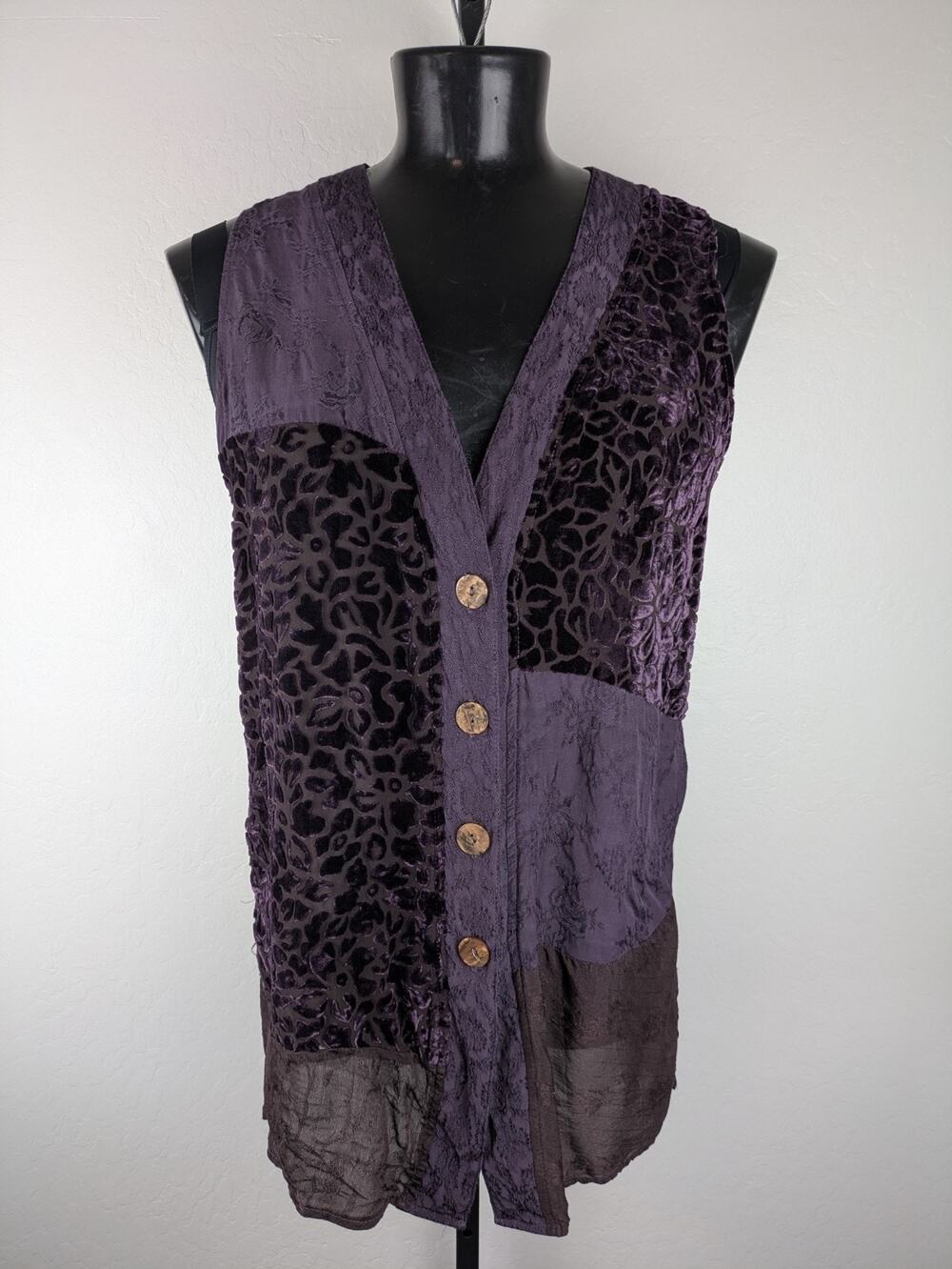 Vintage URU One Size purple mixed fabric vest tunic length button front rayon